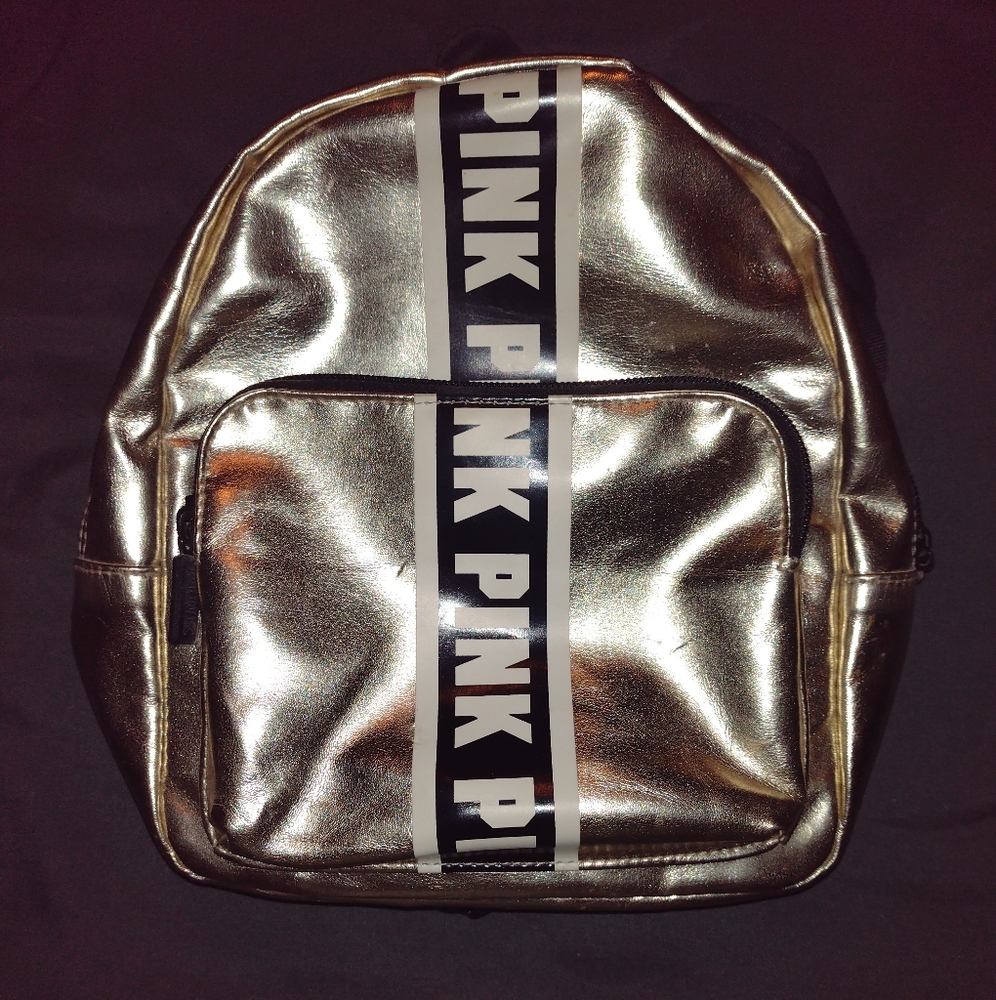 VICTORIA'S SECRET Champagne gold PINK LOGO MINI BACKPACK Purse w Long straps